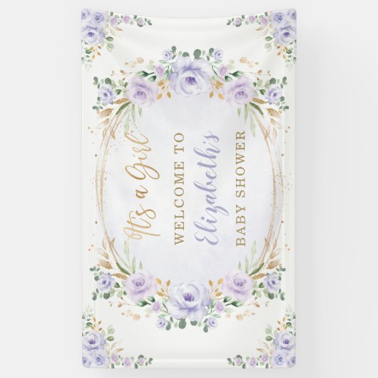 ソフトパープル水彩フローラバラシャワーへようこそ 横断幕 (縦)