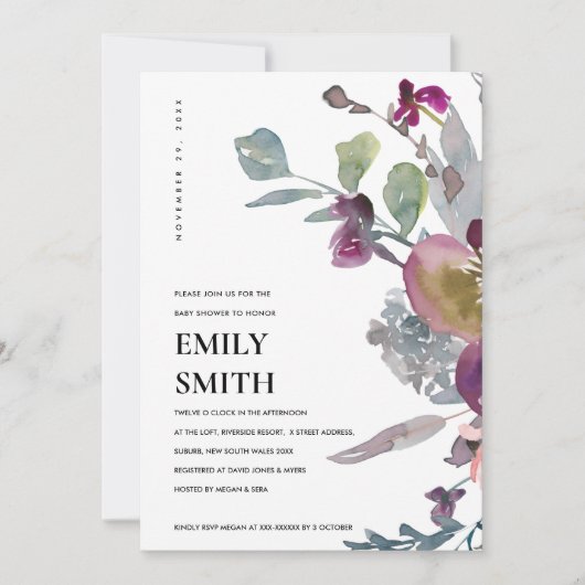 ソフトパープル薄紫フローラベビーシャワー招待状 サンキューカード (正面)