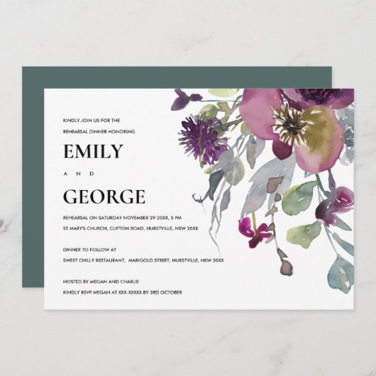 ソフトパープル薄紫フローラリハーサルディナー招待状 サンキューカード (正面/裏面)