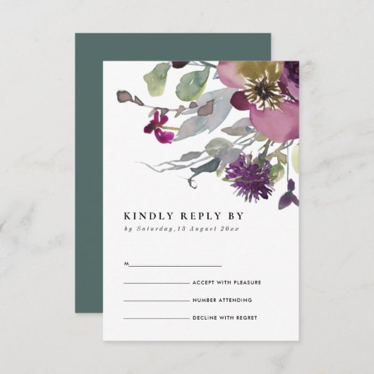 ソフトパープル薄紫水彩フローラ結婚式RSVP エンクロージャーカード (正面/裏面)