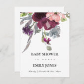 ソフトパープル薄紫水彩色フローラベビーシャワー インビテーションポストカード (正面/裏面)