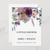ソフトパープル薄紫水色フローラカップルのシャワー インビテーションポストカード (正面/裏面)