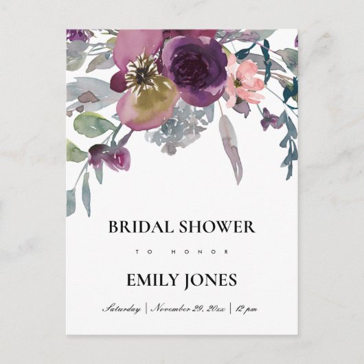 ソフトパープル薄紫水色フローラブライダルシャワー インビテーションポストカード (正面)