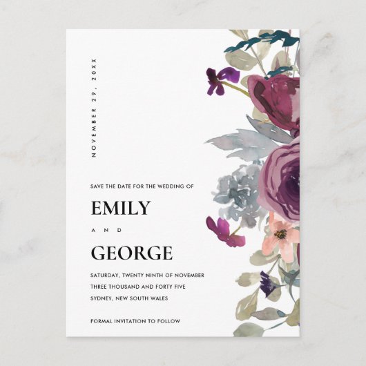 ソフトパープル薄紫水色フローラ保存日付 案内ポストカード (正面)