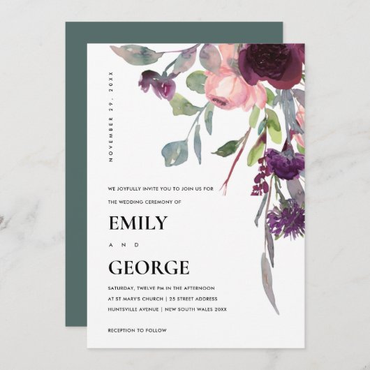 ソフトパープル薄紫水色フローラ結婚式の招待 サンキューカード (正面/裏面)