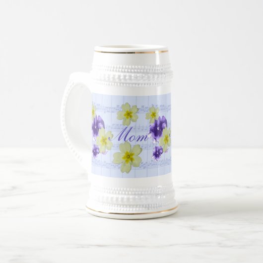 ソフトパープル&イエローフラワーシートミュージックマママグ ビールジョッキ (正面左)