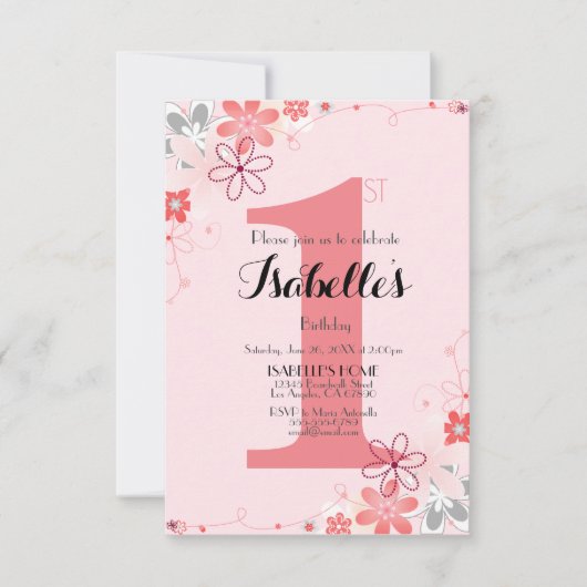 ソフトピかわいらしンクフローラ1歳の誕生日 招待状 (正面)