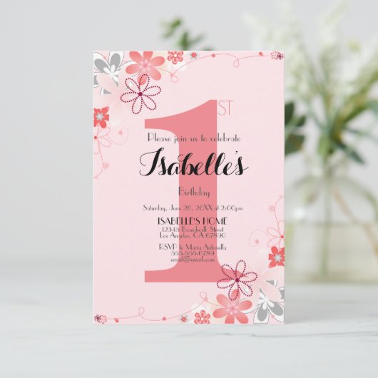 ソフトピかわいらしンクフローラ1歳の誕生日 招待状 (スタンド正面)