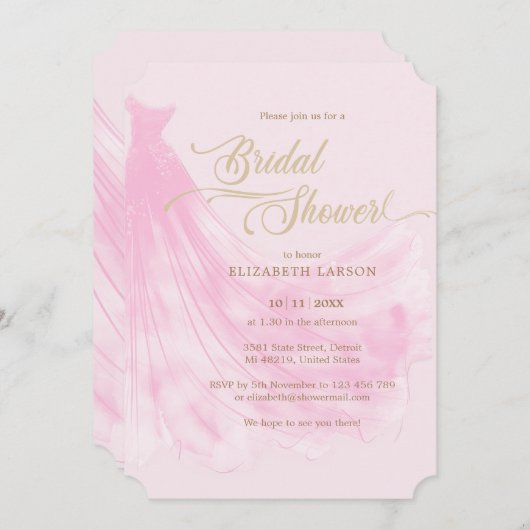 ソフトピエレガントンク結婚のドレスブライダルシャワー 招待状 (正面/裏面)