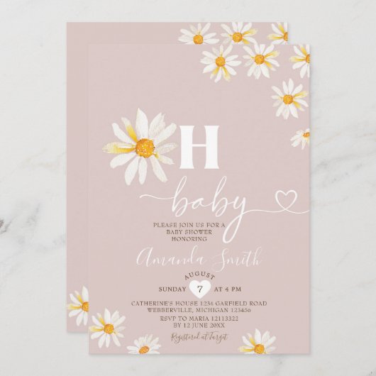 ソフトピンクああベビーデイジー花Bohoベビーシャワー 招待状 (正面/裏面)