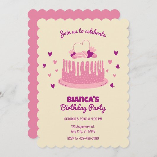 ソフトピンクかわいい誕生日ケーキ 招待状 (正面/裏面)