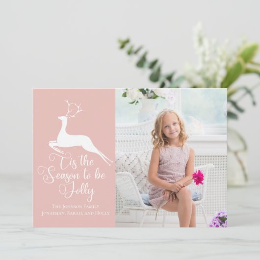 ソフトピンクかわいらしのクリスマスのトナカイの子供の写真 シーズンカード (スタンド正面)