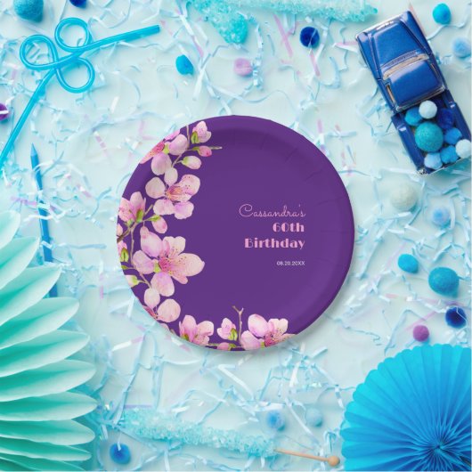 ソフトピンクさくらんぼブロッサム桜パープル誕生日 ペーパープレート (パーティー)