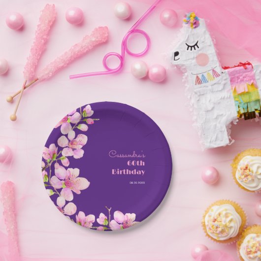 ソフトピンクさくらんぼブロッサム桜パープル誕生日 ペーパープレート (パーティー)