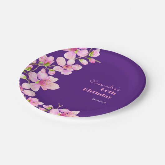 ソフトピンクさくらんぼブロッサム桜パープル誕生日 ペーパープレート (アングル)