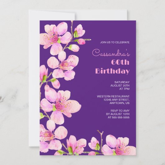 ソフトピンクさくらんぼブロッサム桜パープル誕生日 招待状 (正面)
