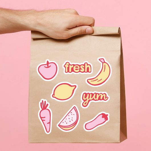 ソフトピンクとイエローの果物と野菜のステッカーセット シール