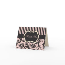 ソフトピンクとクリームとチャコールグレーのダマスク柄のストライプの感謝カード