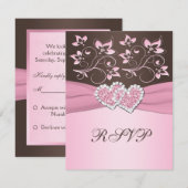 ソフトピンクとチョコレートブラウンの花柄ハートの出欠カード 出欠カード (正面/裏面)