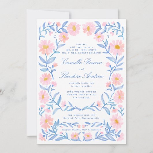 ソフトピンクとパウダーブルー華美の水彩フローラ 招待状 (正面)