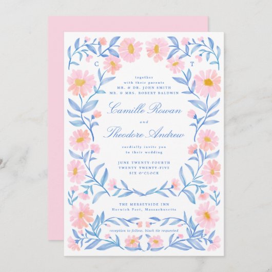 ソフトピンクとパウダーブルー華美の水彩フローラ 招待状 (正面/裏面)