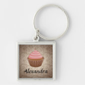 ソフトピンクとブラウンのカップケーキパーソナライズされた、記念 キーホルダー (正面)