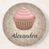 ソフトピンクとブラウンのカップケーキパーソナライズされた、記念 コースター (正面)