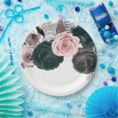 ソフトピンクとブラックのフローラグリーンリー結婚ホワイト ペーパープレート (パーティー)