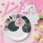 ソフトピンクとブラックのフローラグリーンリー結婚ホワイト ペーパープレート (パーティー)