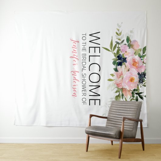 ソフトピンクとブルーの花のウェルカム タペストリー (インサイチュ(横))