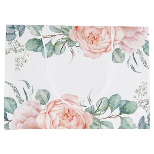 ソフトピンクとベージュの水カラーフローラベビーシャワー ラージペーパーバッグ (裏面)