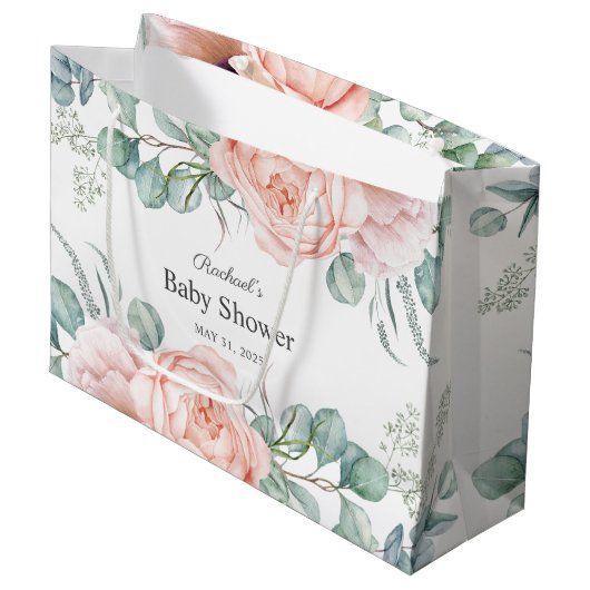 ソフトピンクとベージュの水カラーフローラベビーシャワー ラージペーパーバッグ (正面アングル)