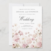 ソフトピンクとホワイトエレガント開花のフローラ結婚 招待状 (正面)