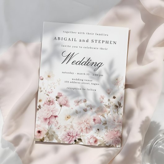 ソフトピンクとホワイトエレガント開花のフローラ結婚 招待状