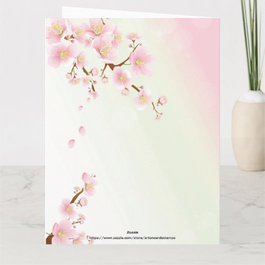 ソフトピンクと白のさくらんぼ考えるの花 サンキューカード (裏面)