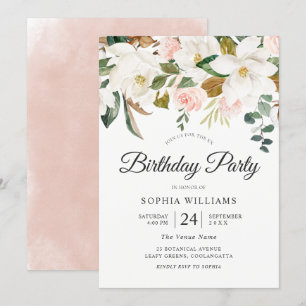 ソフトピンクと白の花 すべての年齢の誕生日パーティー 招待状