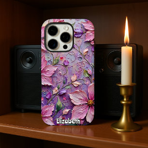 ソフトピンクと紫のフローラファンタジー iPhone 16 PROケース