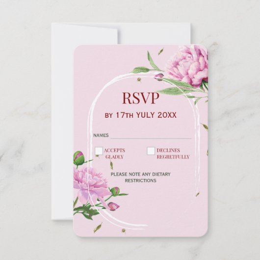 ソフトピンクのエレガントなフラワーモチーフの結婚式RSVPカード 出欠カード (正面)