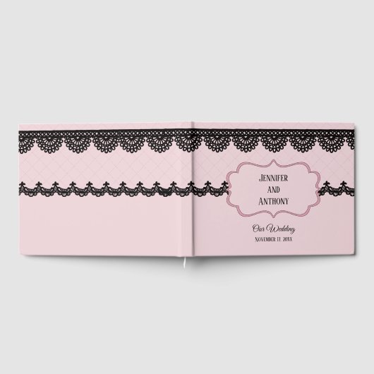 ソフトピンクのカスタムウェディングにブラックレース ゲストブック (全面)