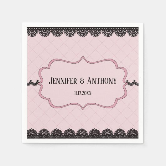 ソフトピンクのカスタムウェディングにブラックレース スタンダードカクテルナプキン (正面)