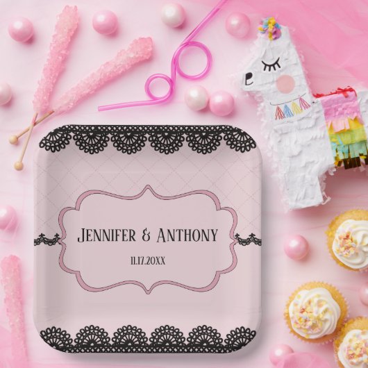 ソフトピンクのカスタムウェディングにブラックレース ペーパープレート (パーティー)