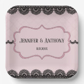 ソフトピンクのカスタムウェディングにブラックレース ペーパープレート (正面)
