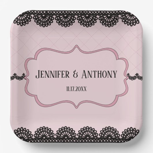 ソフトピンクのカスタムウェディングにブラックレース ペーパープレート (正面)