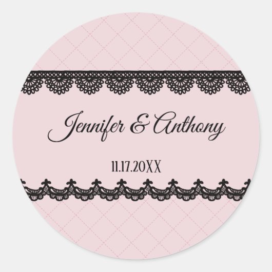 ソフトピンクのカスタムウェディングにブラックレース ラウンドシール (正面)