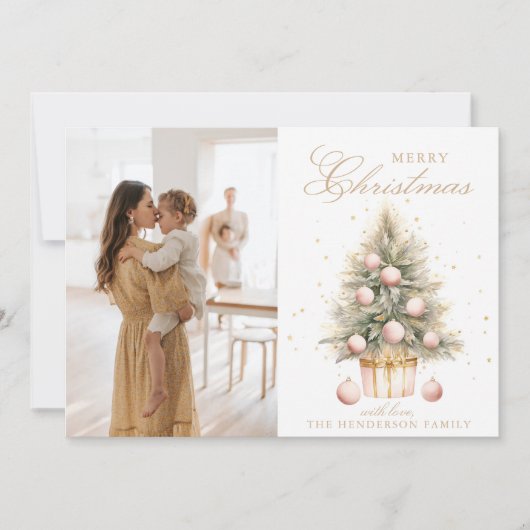 ソフトピンクのクリスマスツリーの水の色のカスタム写真 シーズンカード (正面)