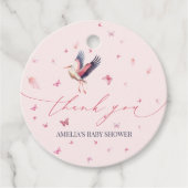 ソフトピンクのコウノトリお洒落チョウの赤ちゃんシャワー フェイバータグ (正面)