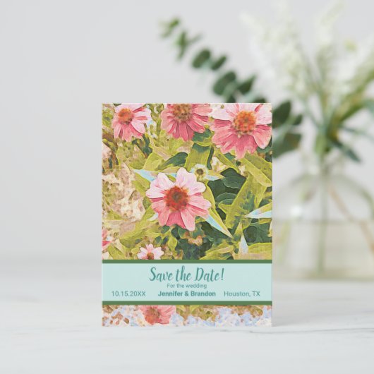 ソフトピンクのコンフォローグリーンフローラ日付の保存 案内ポストカード (スタンド正面)