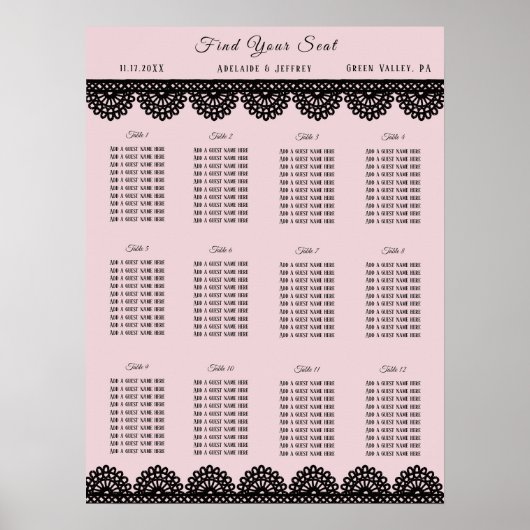 ソフトピンクのシーティングチャートにカスタム黒いレース ポスター (正面)