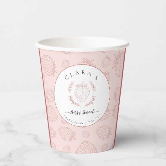 ソフトピンクのストロベリーパターン誕生日 紙コップ (正面)