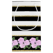 ソフトピンクのバラの上の黒、白、金ゴールド抱き枕 スモールペーパーバッグ (裏面)